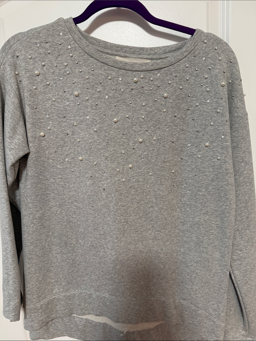 LOFT Grey Pearl & Rhinestone Crewneck Sweater